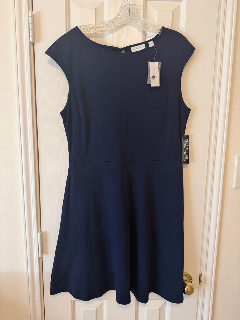 New York & Company Navy Cap-Sleeve Fit-and-Flare Dress
